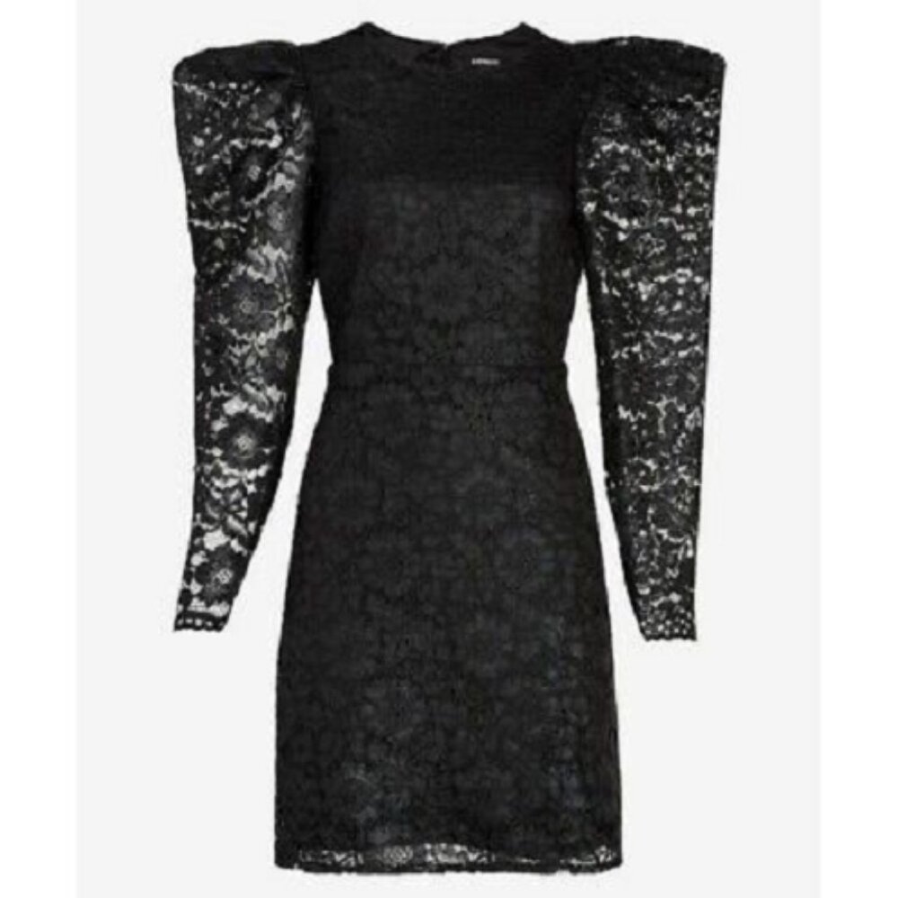 Express NWT black Sexy lace long puff sleeve fit & flare lined dress, sz M